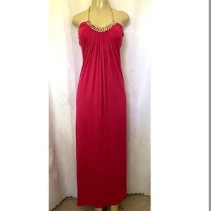 SKY BRAND Pink Halter Maxi Dress Gold Chain Metal Detail EUC